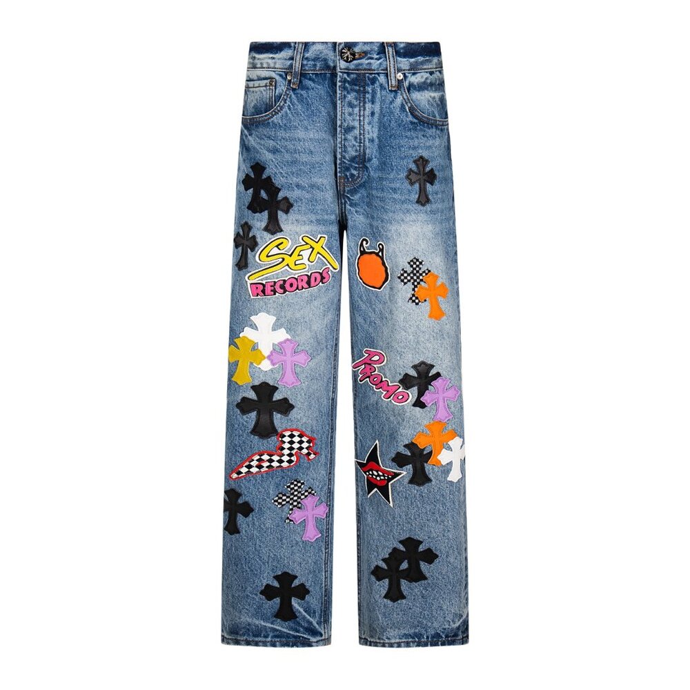 New Chrome Hearts Multi-element Patchwork Washed Unisex Jeans